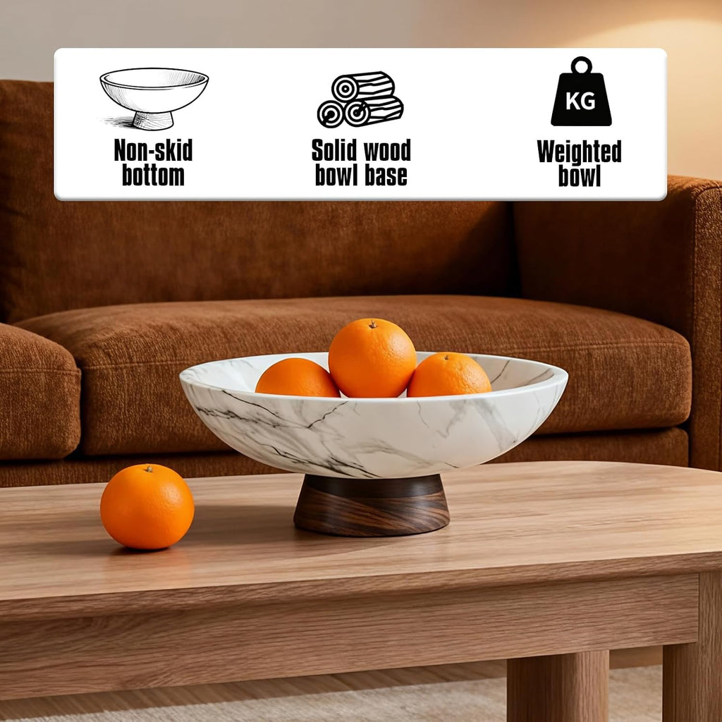 White Marble Texture Decorative Bowl with Acacia Wood Base - 11" Modern Pedestal Fruit Bowl for Table Centerpiece
