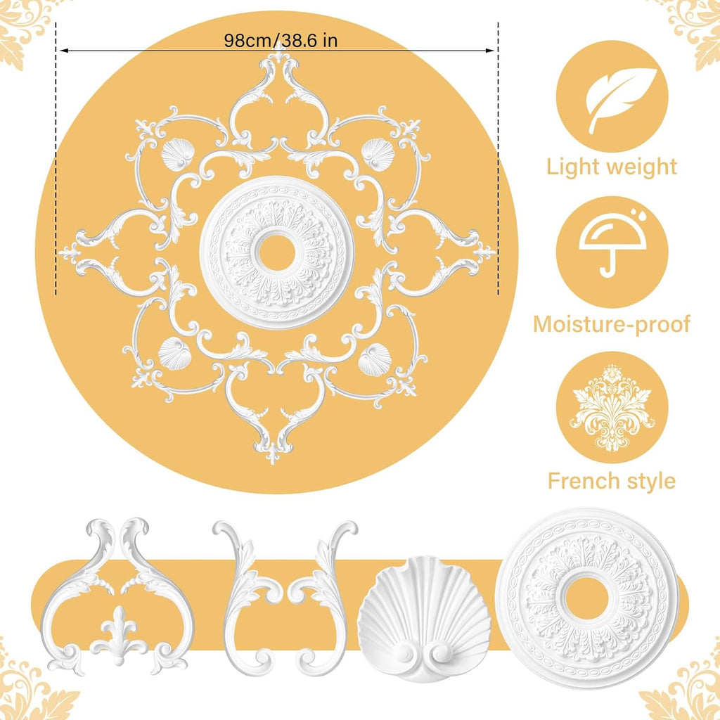 38.6'' Large PU Ceiling Medallion Combination Decorative 2.36'' ID French Style Chandelier Base Ceiling Medallion for Light Fixtures Victorian Rosette Light Covers for Chandeliers(Lively)