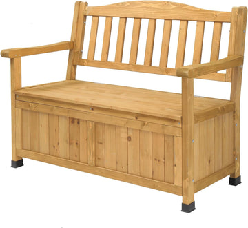 Outdoor Wooden Storage Bench, Large Deck Box with Seating & Armrest, Patio Organizer Loveseat for Garden Porch