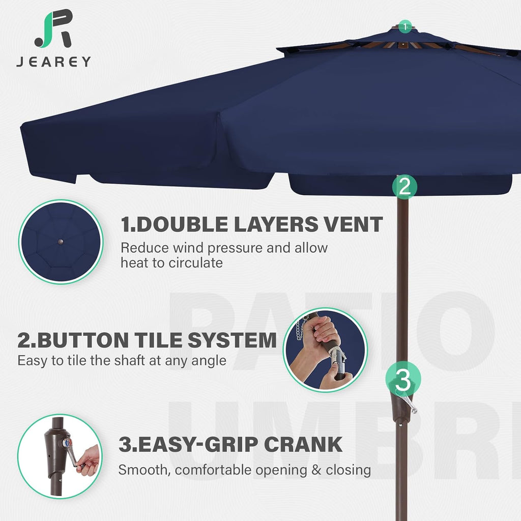 9' 2-Tiers Patio Umbrellas Outdoor Market Table Umbrella w/Push Button Tilt/Crank, 8 Sturdy Ribs - Navy Blue