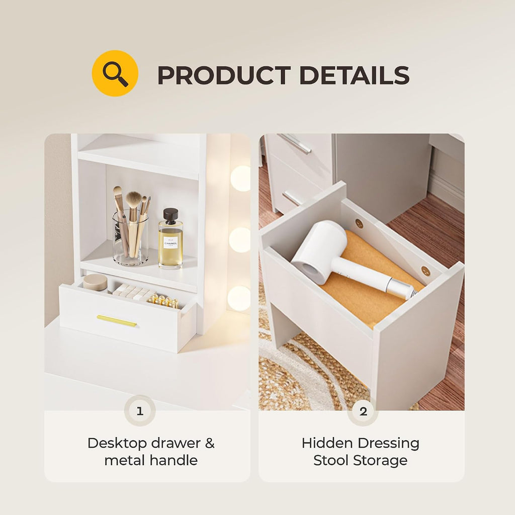Vanity Desk with LED Lighted Mirror&Power Outlet, 3 Lighting Colors Makeup Vanity Desk with 5 Large Drawers and 3