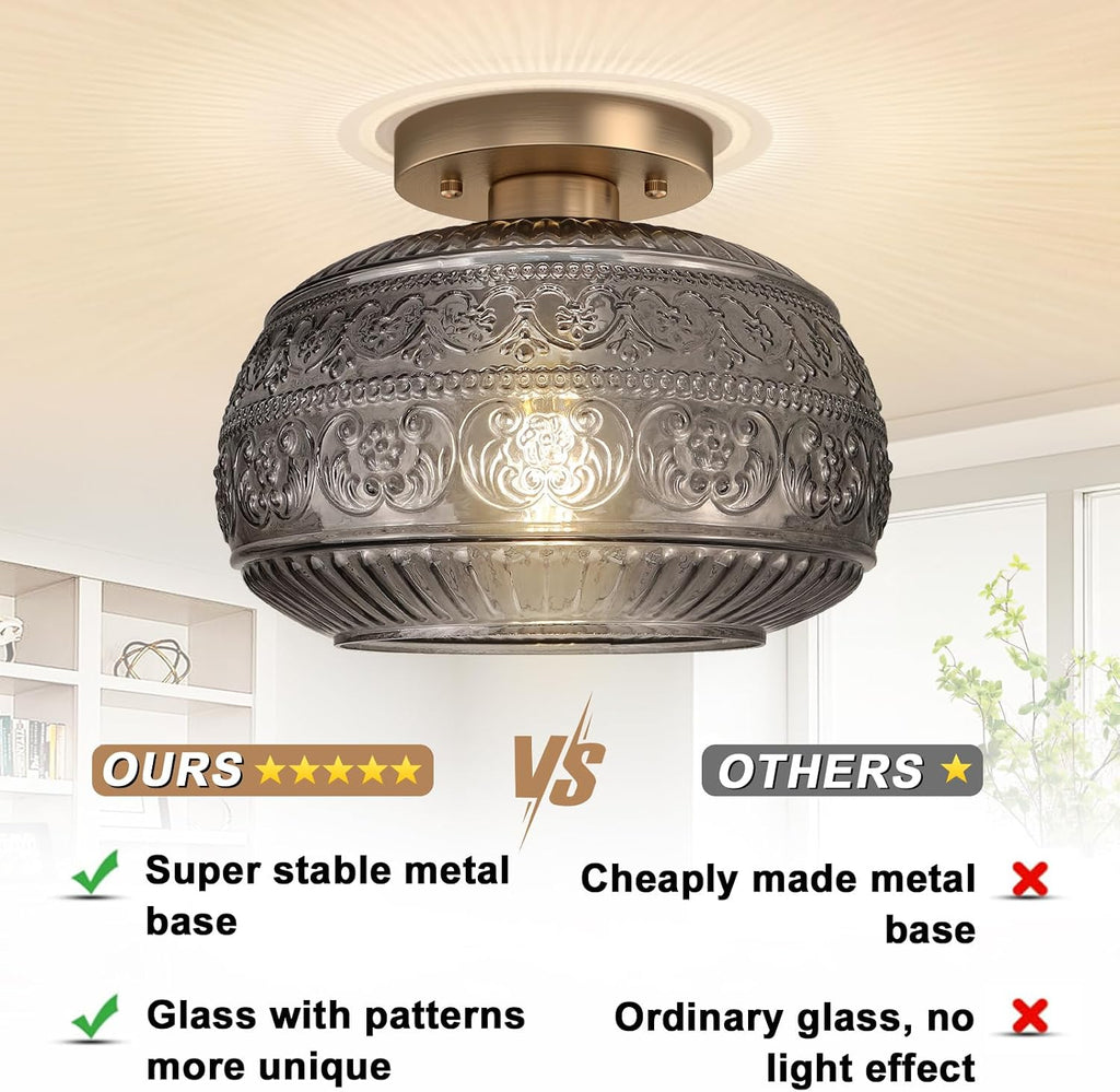 Semi Flush Mount Ceiling Light Fixture, 11" Vintage Gold Hallway Lights Fixture Ceiling with Grey Glass and Entry