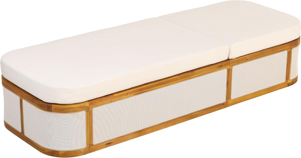 Teak Finish Acacia Wood Chaise Lounge Set with Cream 2-Fold Cushion, Outdoor Recliner Chair with 3-Position