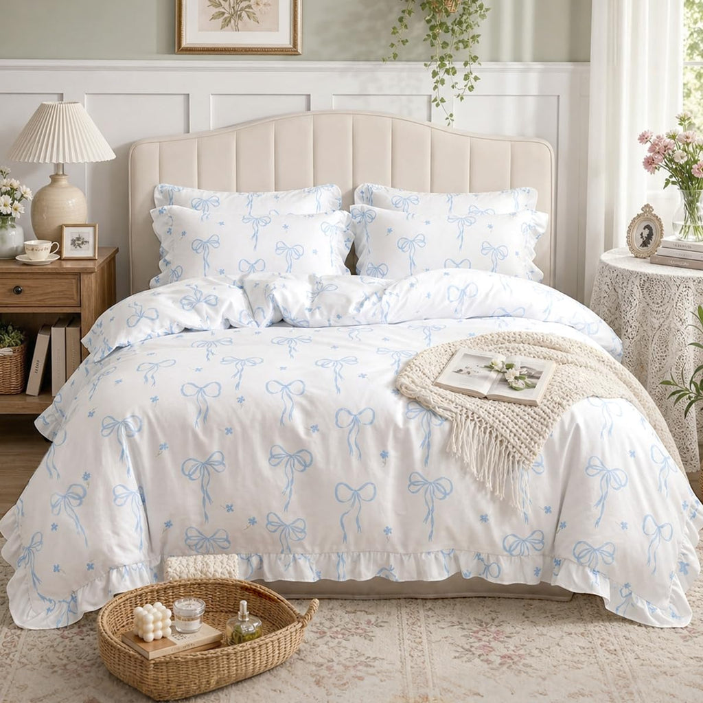 Ruffle Comforter Set, White Comforter Set with Blue Bow