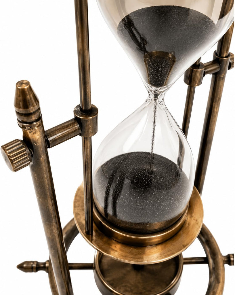 Antique Brass Nautical Hourglass with Compass Base, Vintage Sand Timer Decorative Showpiece, Maritime Glass Hour