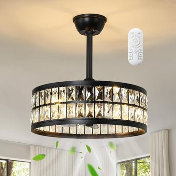 Black Caged Ceiling Fan with Light and Remote Control 19" Bladeless Crystal Modern Fandelier Semi Flush Mount