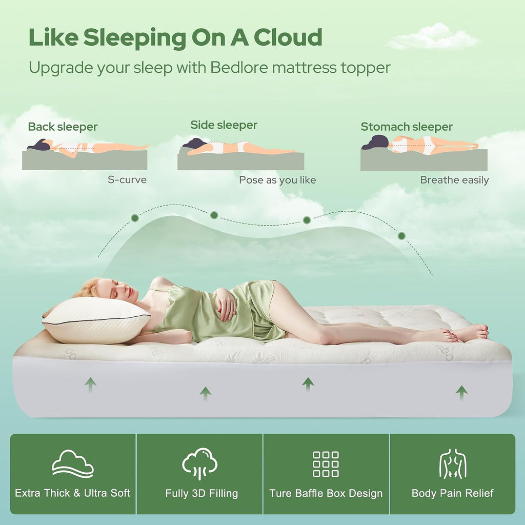 King Mattress Topper Viscose Bamboo, Thick Pillow Top Mattress Pad | Stretchable Pockets Fit 6"-18" Mattress, Soft