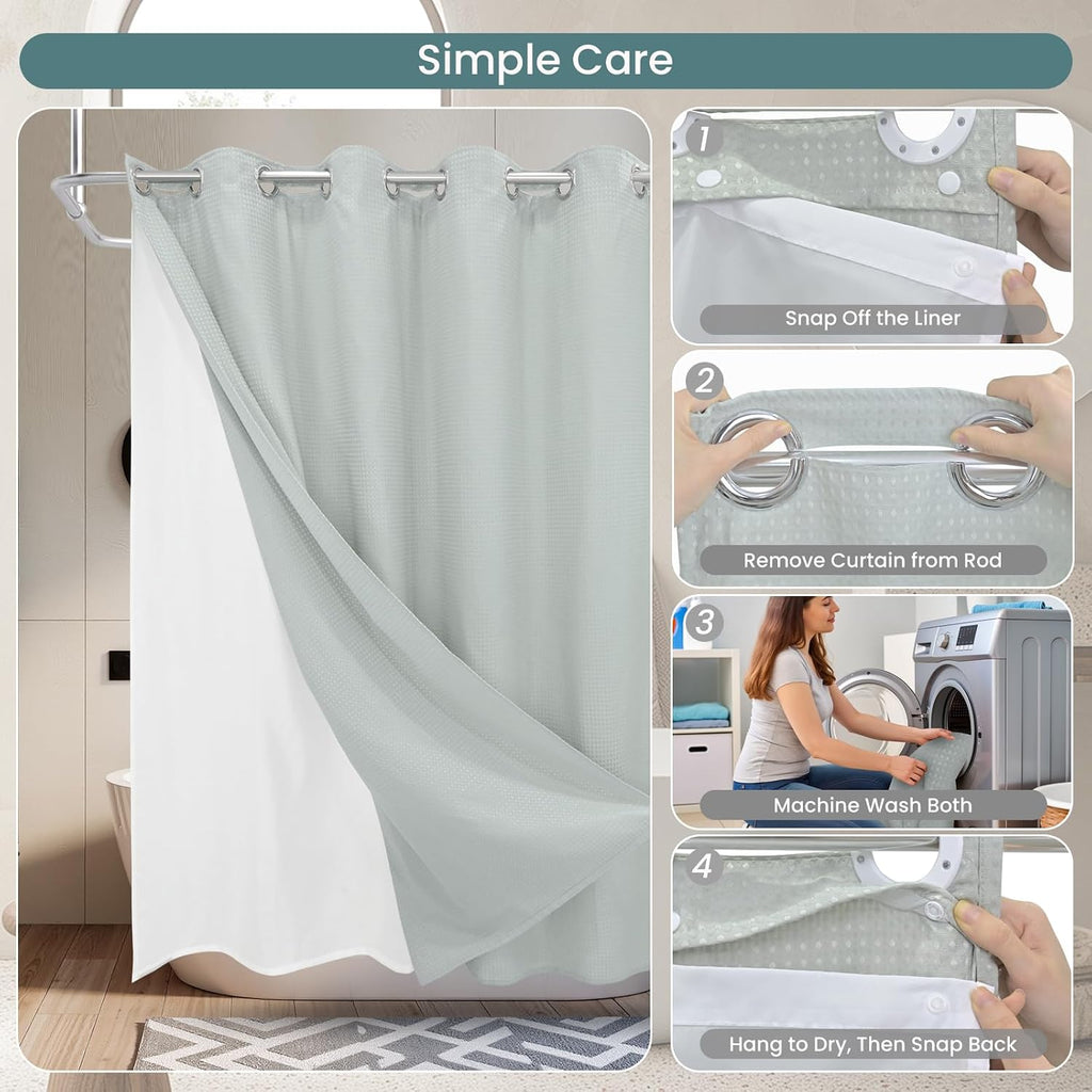 No Hook Shower Curtain Set with Snap-in Detachable Liner, 230 GSM Waffle Weave Fabric, Heavy Duty Water-Repellent