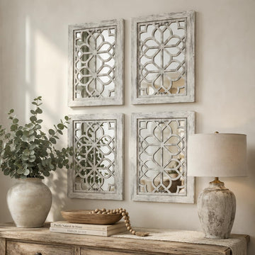 Set of 4 11x15 Inch Rectangular Shatterproof Grey Decorative Wall Mirrors, Boho Farmhouse Rustic Vintage Accent