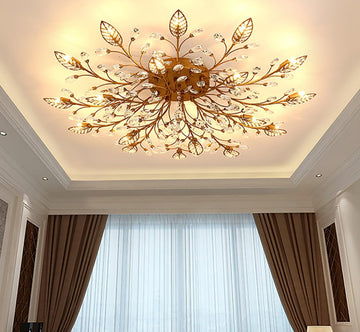 Modern Crystal Ceiling Light Fixture,Gold Semi Flush Mount Chandeliers,Crystal Leaf Ceiling Lighting,Pendent Lamp