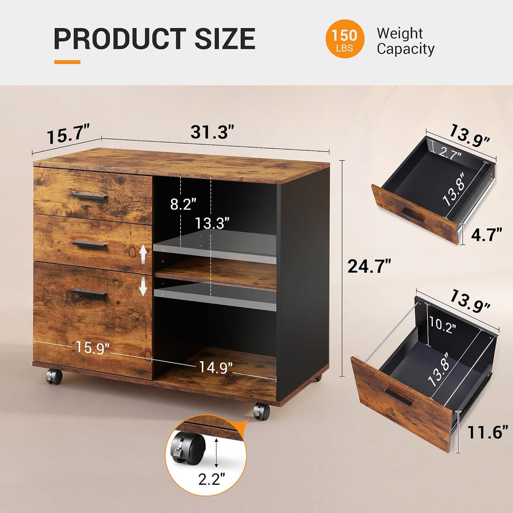 3 Drawer Wood File Cabinet, Rolling Filing Cabinet with Open Storage Shelf, Printer Stand Storage and Organization
