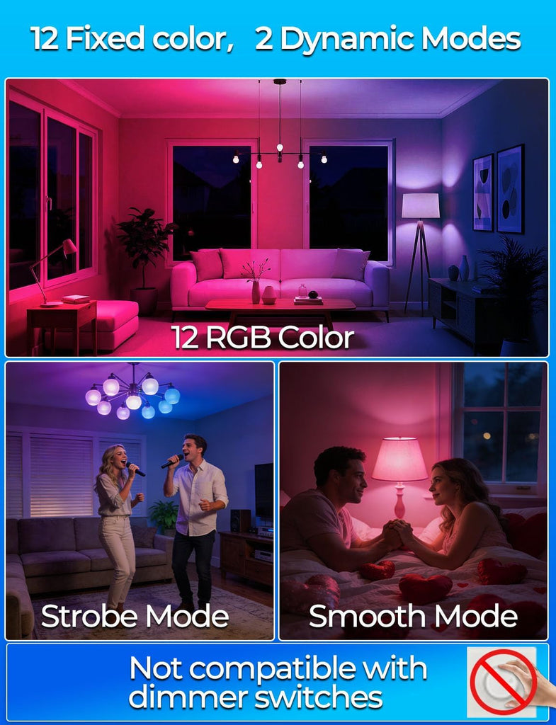 RGB LED Light Bulb, Color Changing Light Bulb, 40W Equivalent, 450LM, 2700K Warm White 5W E26 Screw Base RGBW, A15 (4 Pack)