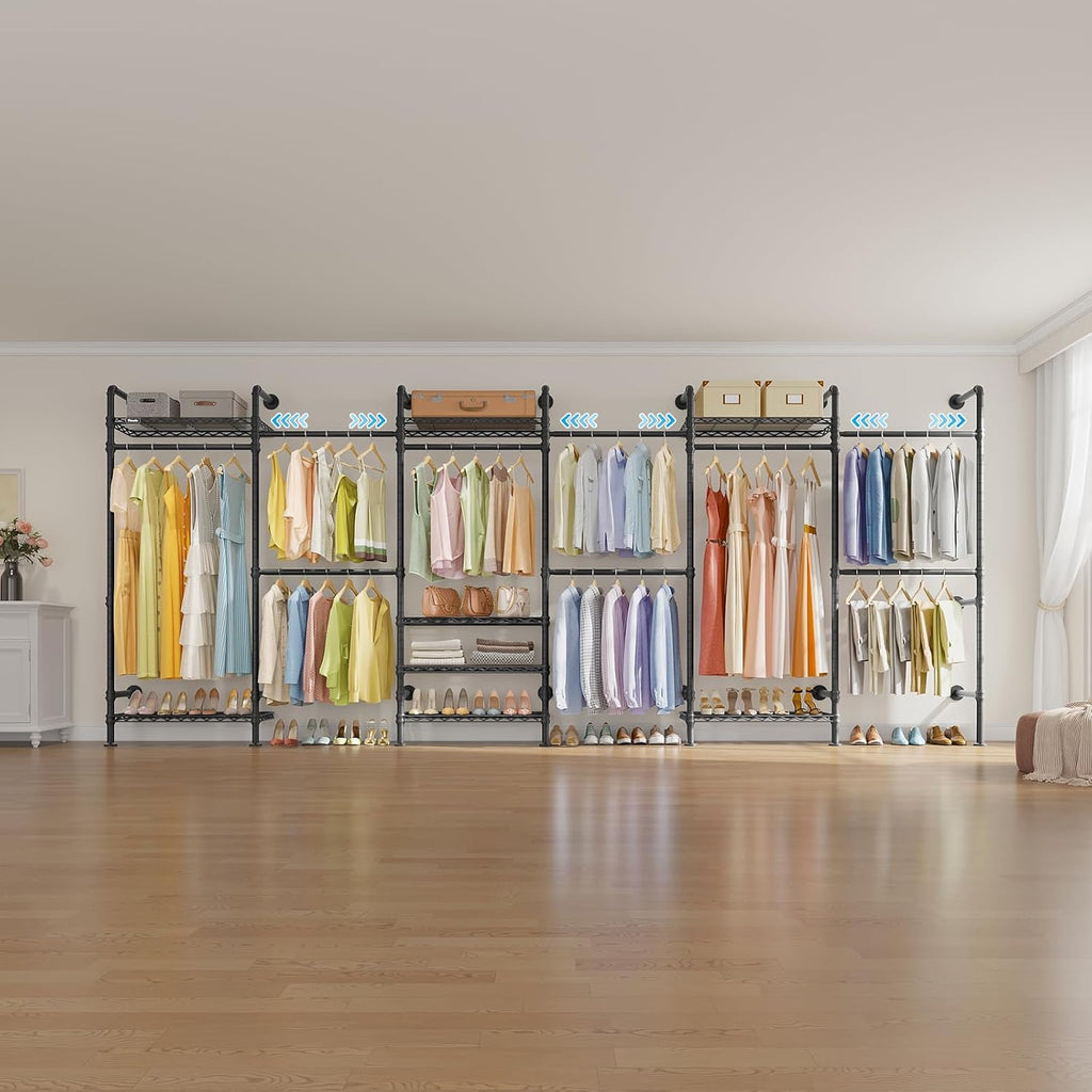 L6 Closet Rack Wall Mount for Corner - Expandable Industrial Pipe Closet , Heavy Duty Hanging Garment Rack, Closet