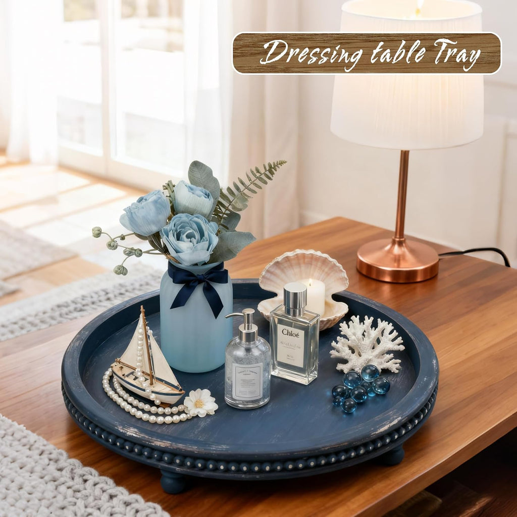 12 Inch Decorative Tray, Small Beaded Tray Coffee Table Decor, Blue Decorative Display Risers for Coffee Table