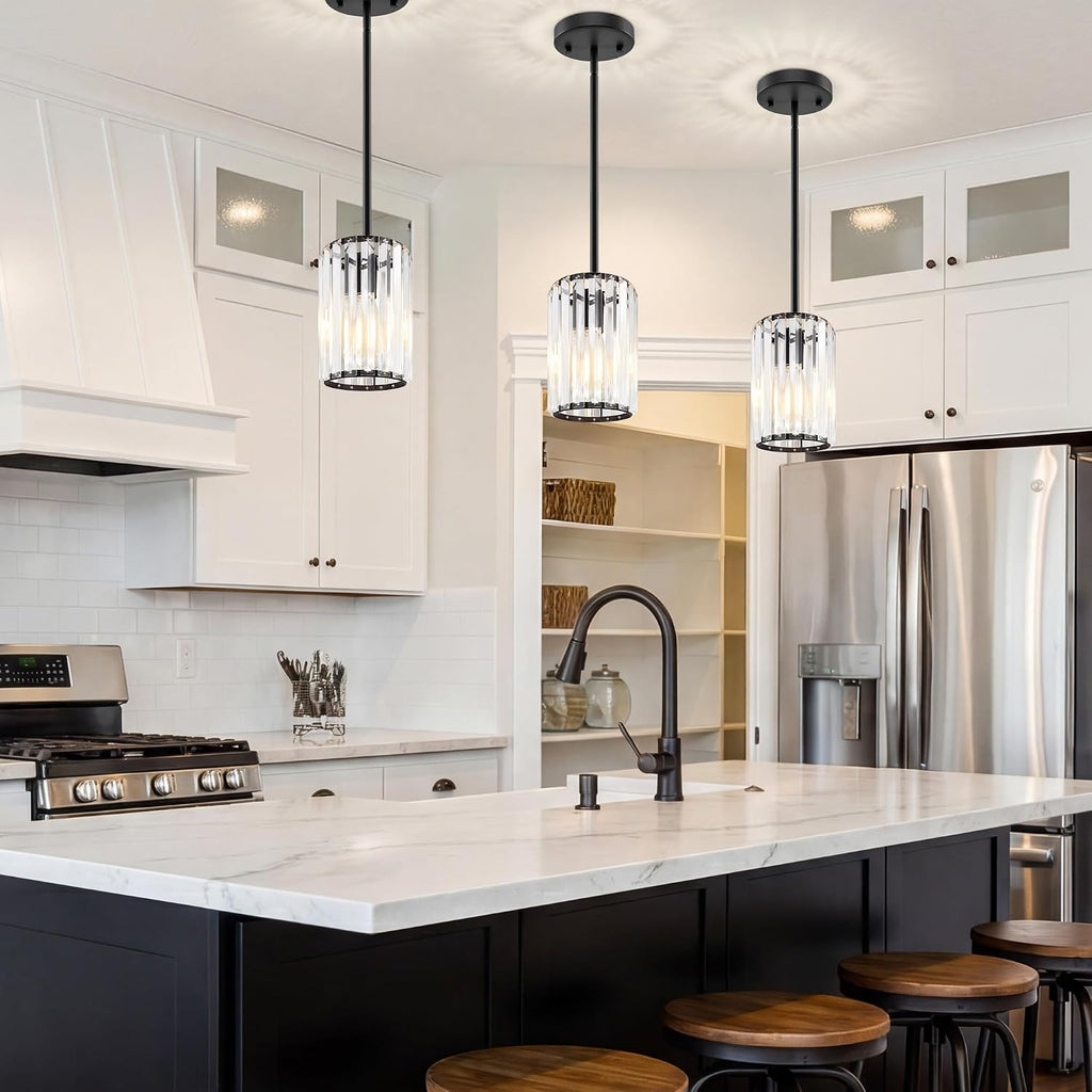Black Pendant Light, Modern Crystal Pendant Lights Kitchen Island, Kitchen Island Lighting with Adjustable Height, UL