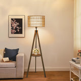Boho Tripod Floor Lamps, Rattan Wood Floor Lamp with Fabric Shades, Mid Century Standing Lamp with Shelf, Foot Switch