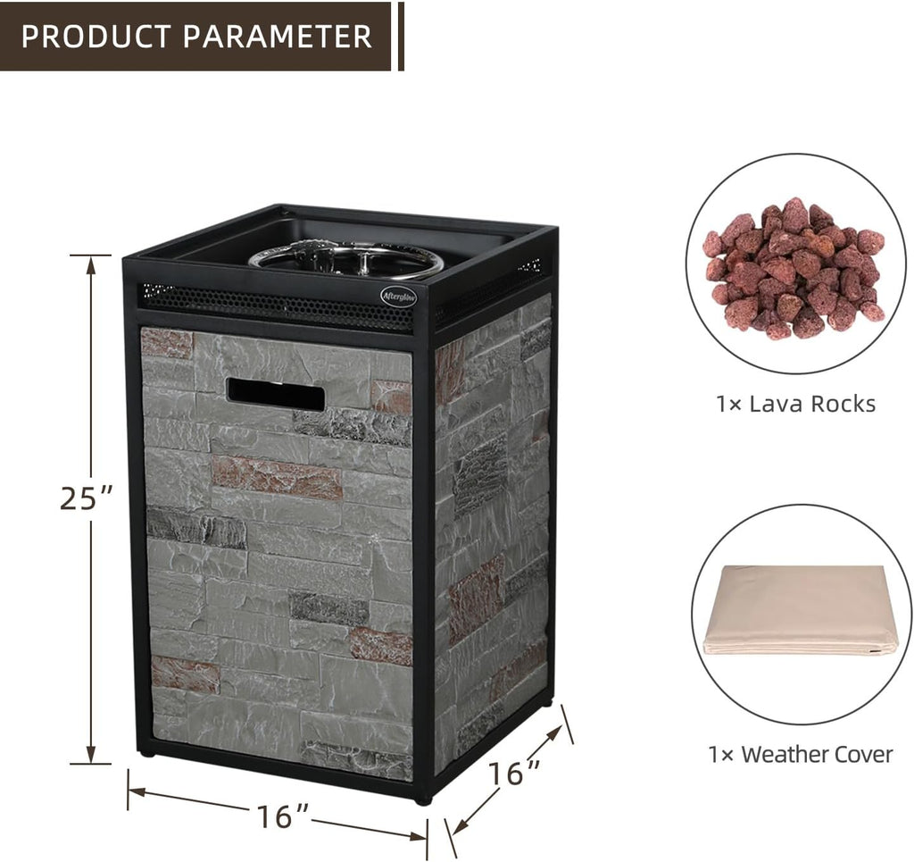 Terrafab Grey Panels with Steel Frame 16" Square 40,000 Btu Propane Fire Column Outdoor Wood Effect Fire Pit