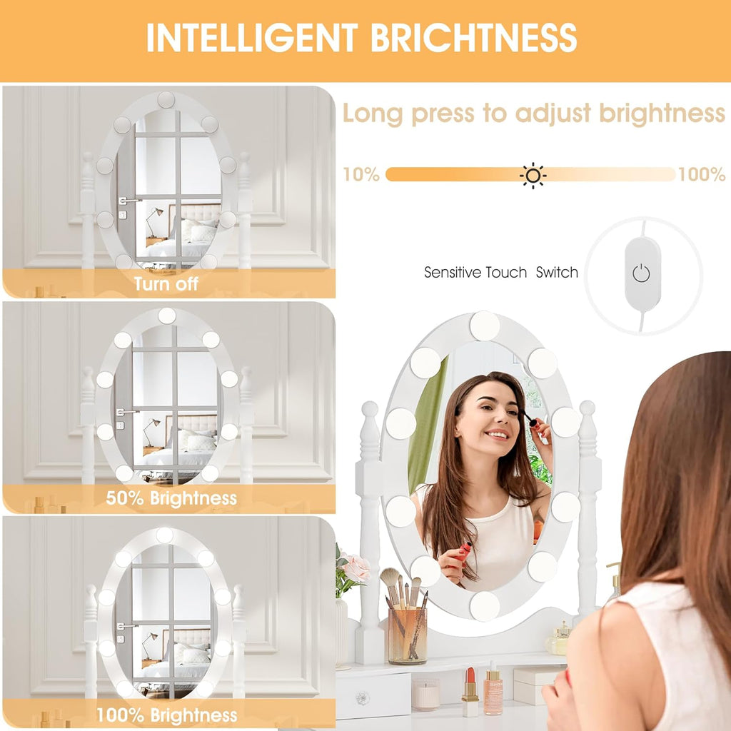 Girls Makeup Vanity Set with 360° Rotating Lighted Mirror | Dressing Table Desk with Dimmable LED Hollywood Lights, 4