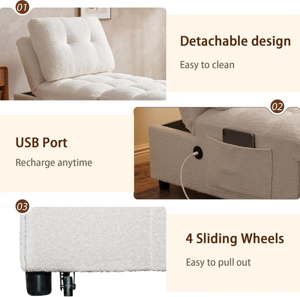 Convertible Sleeper Chair Bed with USB Charging Port, Adjustable Teddy Fabric Sofa Chair Bed with Side Storage