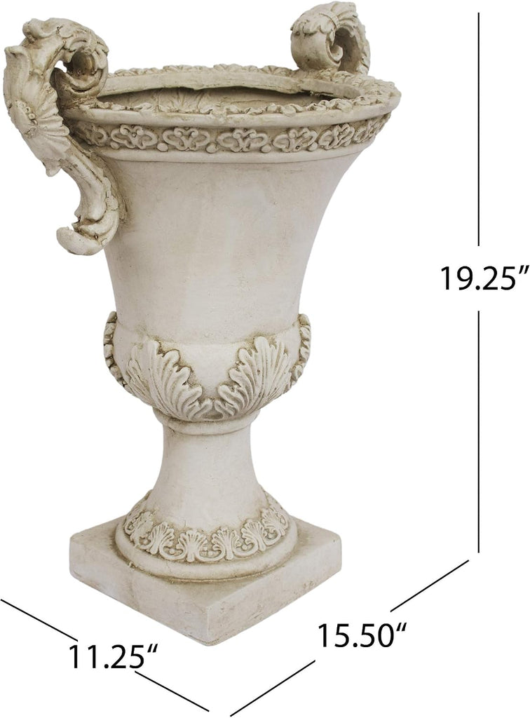 Great Deal Furniture Chalice Garden Urn Planter, Roman, Botanical, Antique White Lightweight Concrete
