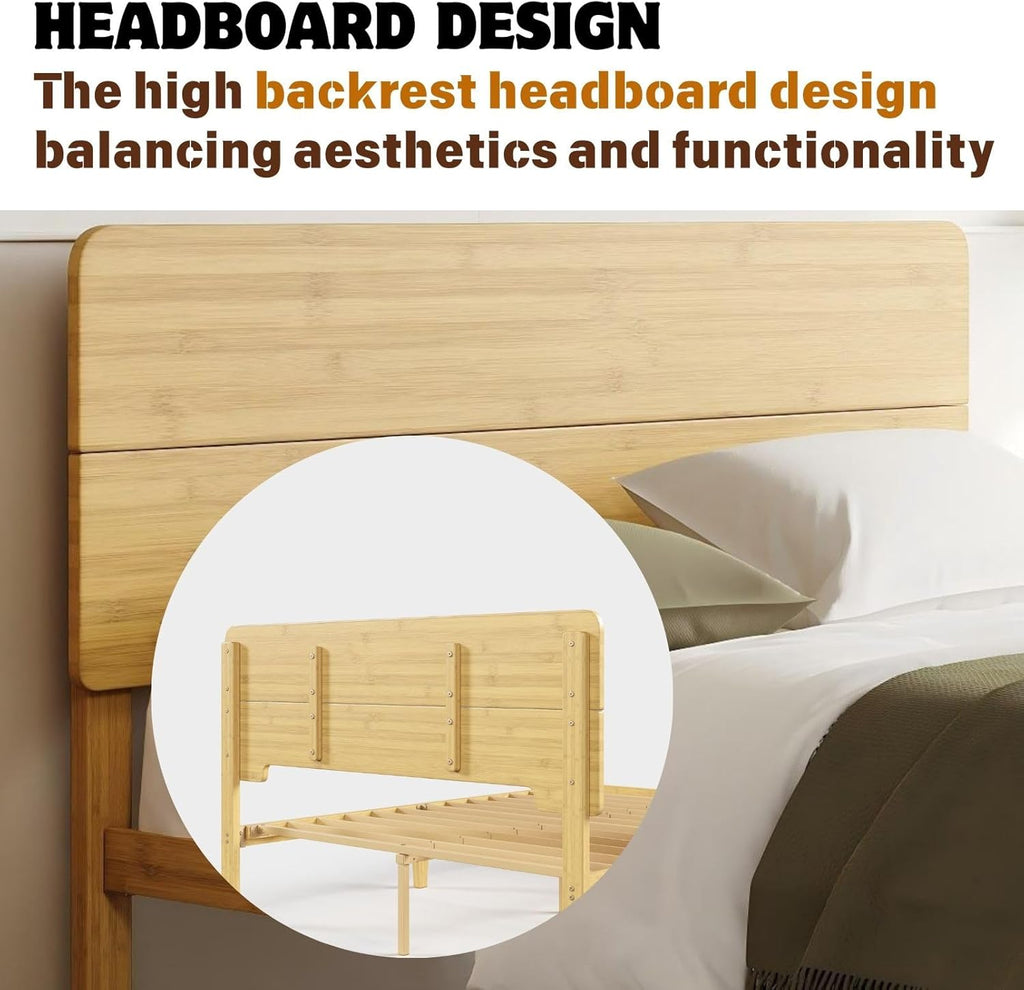 14 Inch Solid Bamboo Wood Queen Bed Frame with Headboard, Platform Bed Frame Queen with Metal Slats, No Box Spring