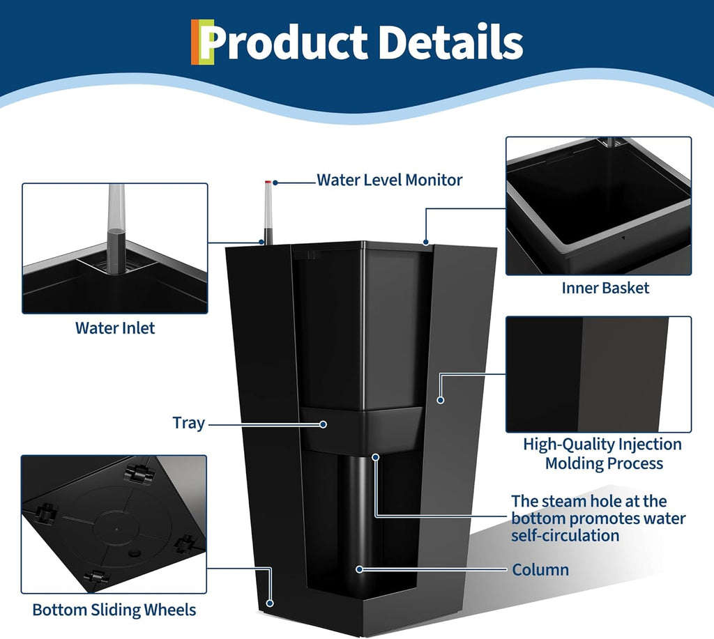 30" Tall Planters Set of 2, Outdoor&Indoor Black Planter Pots | High Front Porch Planter Pots with Drainage