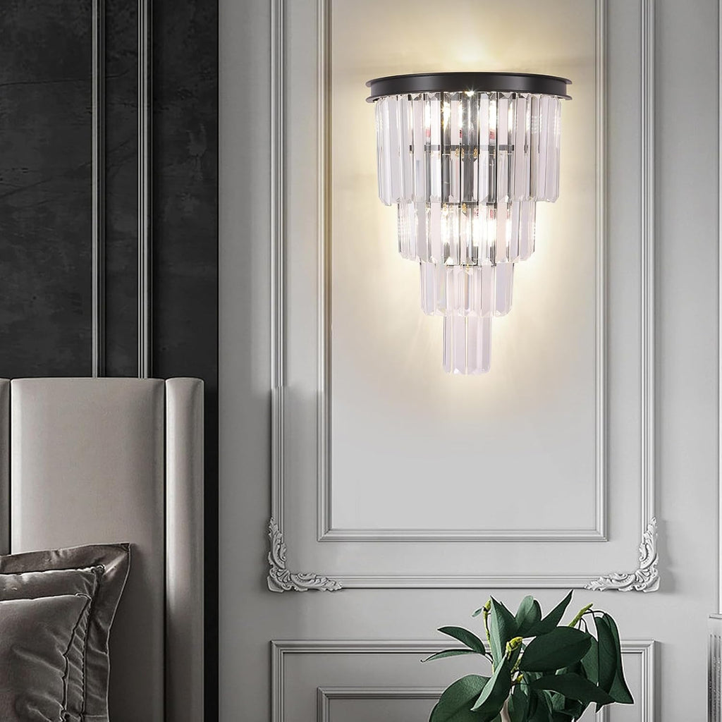 Black Crystal Wall Sconce, Modern 4-Tiers K9 Clear Crystal Wall Light Bedside Wall Mount Lamp for Living Room Bedroom