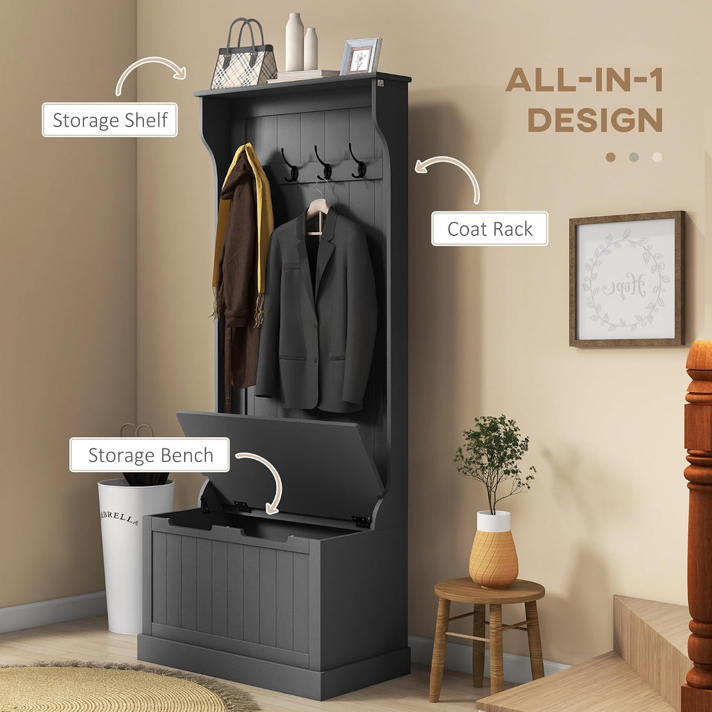 Hall Tree with Bench and Shoe Storage, 3-in-1 Entryway Bench with Coat Rack, 4 Hooks and Flip Top Storage