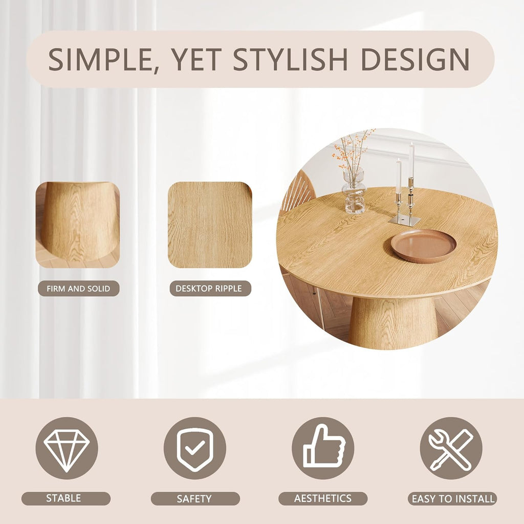 43" Round Dining Table for 4, Modern Natural Wood Grain Dining Table with Cone Wood Pedestal Base, Circle Dining Room