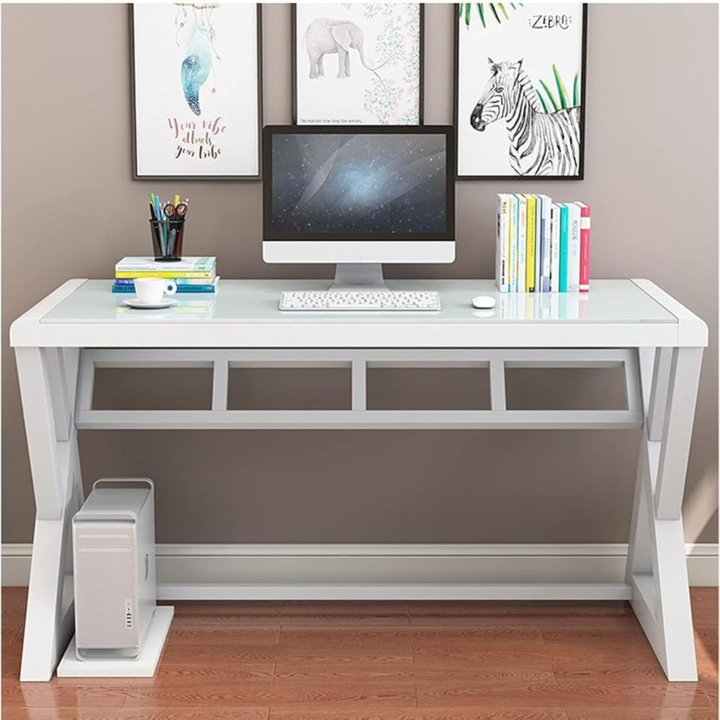 Computer Desk & Gaming Desk, Home Office Desks 55.1 Inch- Modern Simple Writing Study White Glass Computer Desk