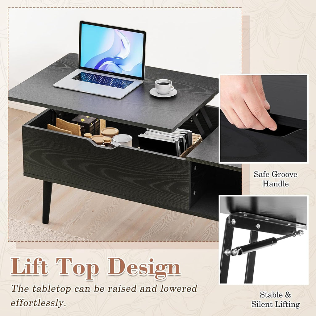 Wood Lift Top Coffee Table with Hidden Compartment and Large Storage Shelf