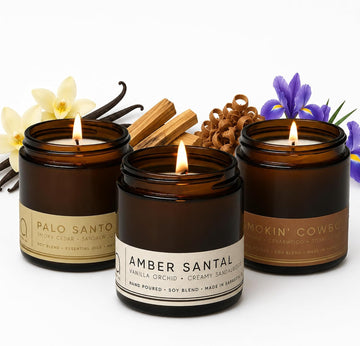 Best Sellers - Soy Candle Set 3 Pack - Amber Santal | Paraben Free, Brown Glass Jars With Gold Lids, 2.75 in Dia x