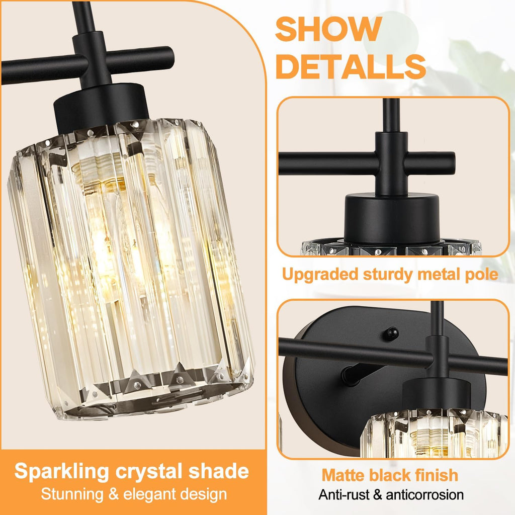 Matte Black Vanity Light, 3-Light Crystal Modern Bathroom Lighting Fixtures Over Mirror, Black Bathroom Vanity Light