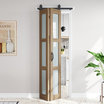 Bifold Barn Doors 30X84 (Double 15x84) with Frosted Glass and Hardware Kit Included, Brown,for Bedro