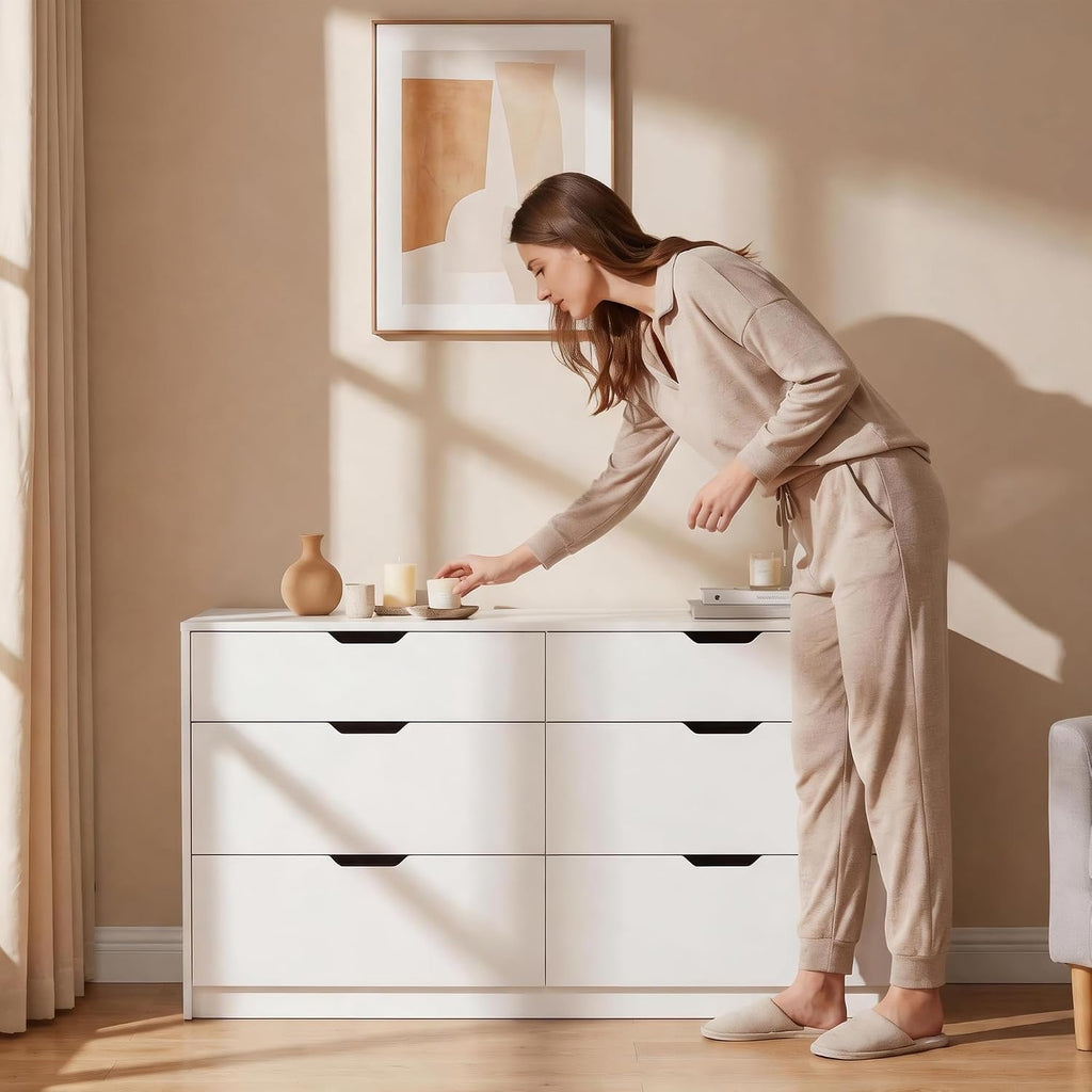 Dresser , 47.2" Modern Wood Chest with 6 Drawers, White | Two Drawer Sizes, Anti-Tip, Storage Cabinet & TV Stand