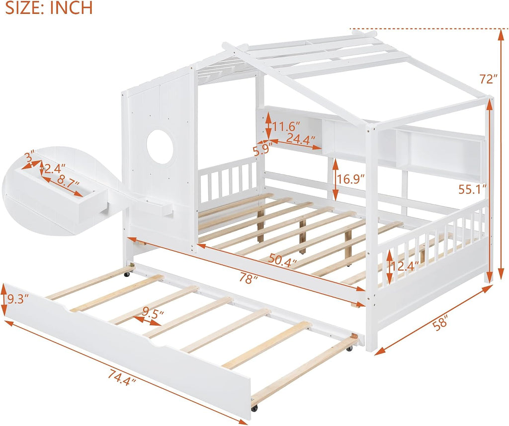 Full Size Bed Frames with Trundle, House Bed for Kids with Storage Shelves, White, 78" L X 58" W X 72" H