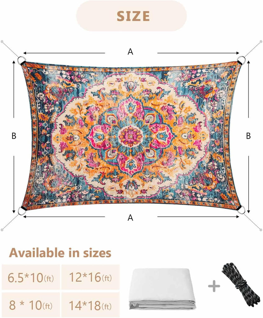 Bohemian Tribal Sun Sail Shades Rectangle Canopy,Sunlight Block Heavy Duty Curved Backyard Shade Cover,Waterproof Sun