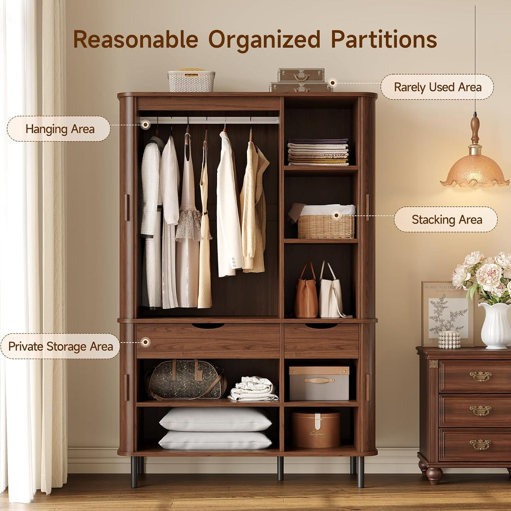 Armoire Wardrobe Closet with Sliding Doors, 71" Bedroom Armoires, Walnut | with 2 Drawers, with Hanging Rod and