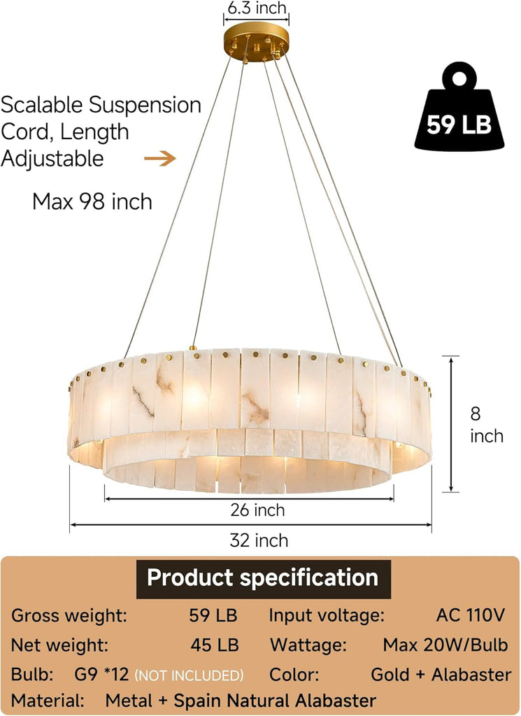 Alabaster Chandelier Round,Modern Drum Chandeliers,Spanish Marble Pendant Light Fixture for Living Room,Dining Room,Bedroom,Foyer,Kitchen Island,D32 inchs,12-Lights G9