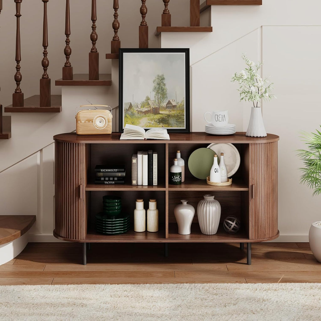Buffet Sideboard Cabinet with Storage, 55" Fluted Cabinet with Sliding Door & Adjustable Shelf