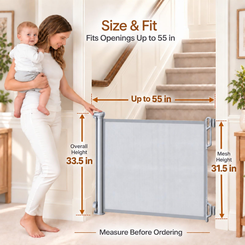 Retractable Baby Gate, 55" Wide Mesh Gate, Gray