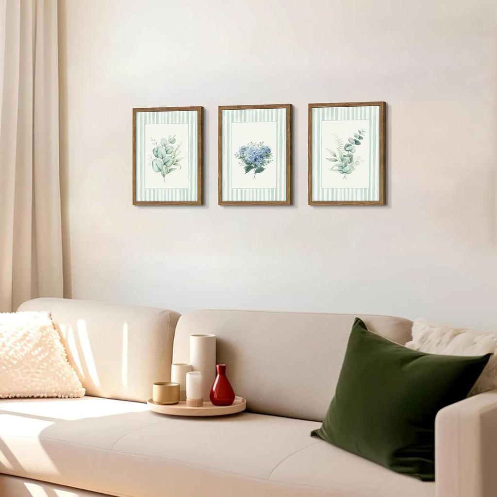 Framed Watercolor Flower Canvas Wall Art Set of 3, Eucalyptus Hydrangea and Green Plant Prints, Fresh Botanical