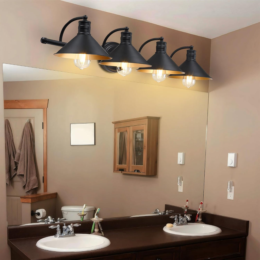 4 Light Bathroom Vanity Light Over Mirror - Black and Gold Farmhouse Wall Light Vanity Powder Room, Rustic Goose Neck