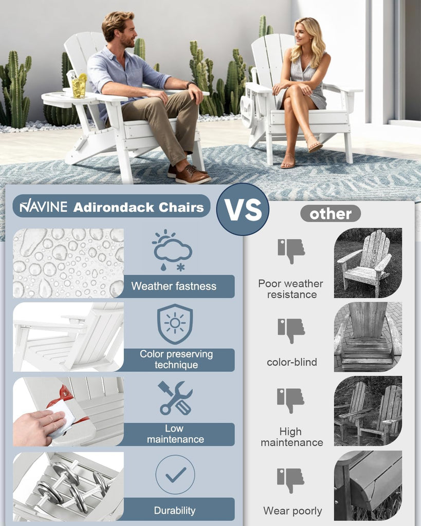 Adjustable Adirondack Chair with Cup Holder, HDPE, White | All-weather HDPE Outdoor Chair with Multifunctional Cup