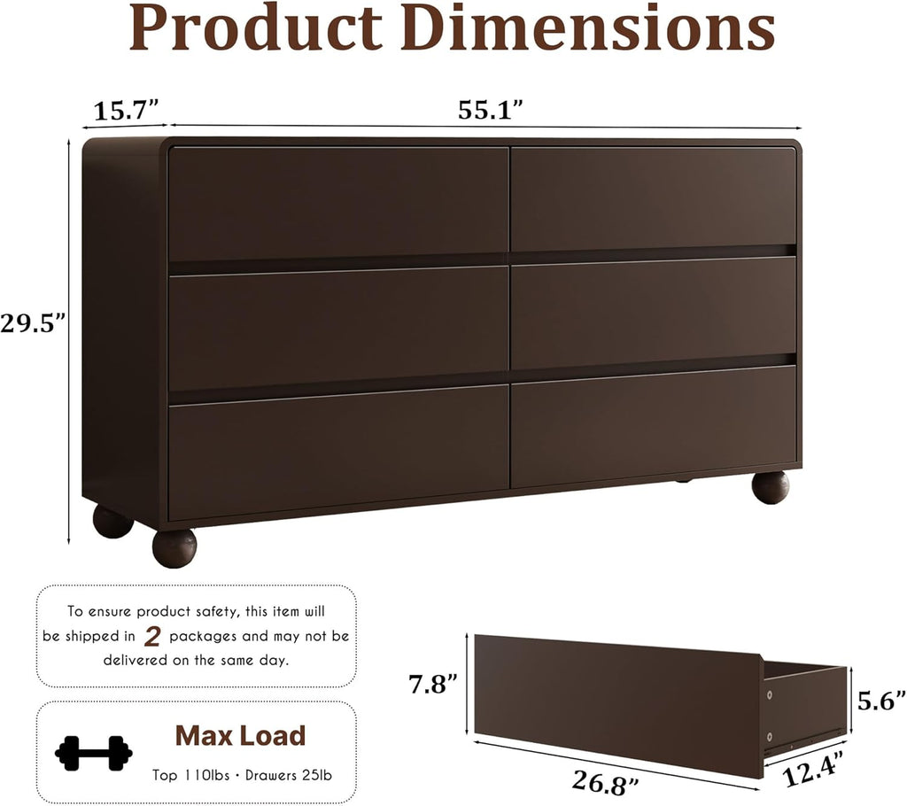 Mid-Century Modern 6 Drawer Dresser , 55" Wide Dressers Chest of Drawers, Handle Free & Curved Profile Design, Wood