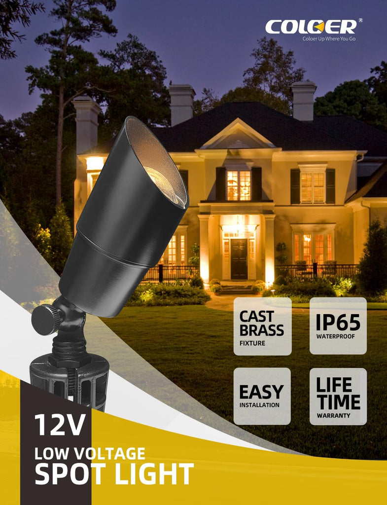 Brass Low Voltage Landscape Spotlight(Black) 6-Pack with 5W Aluminum Housing MR16 LED Bulb 2700K 450LM CRI85+,12V