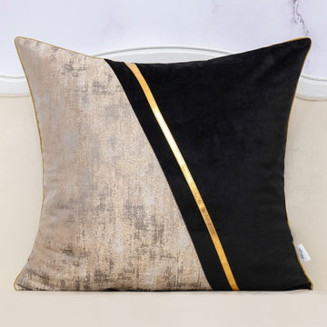 18 x 18 Inch Black Beige Gold Leather Patchwork Velvet & Polyester Cushion Case Luxury Modern Square Throw Pillow