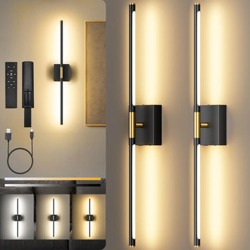 Battery Operated Wall Sconces Set of 2, Black Gold-29Inch