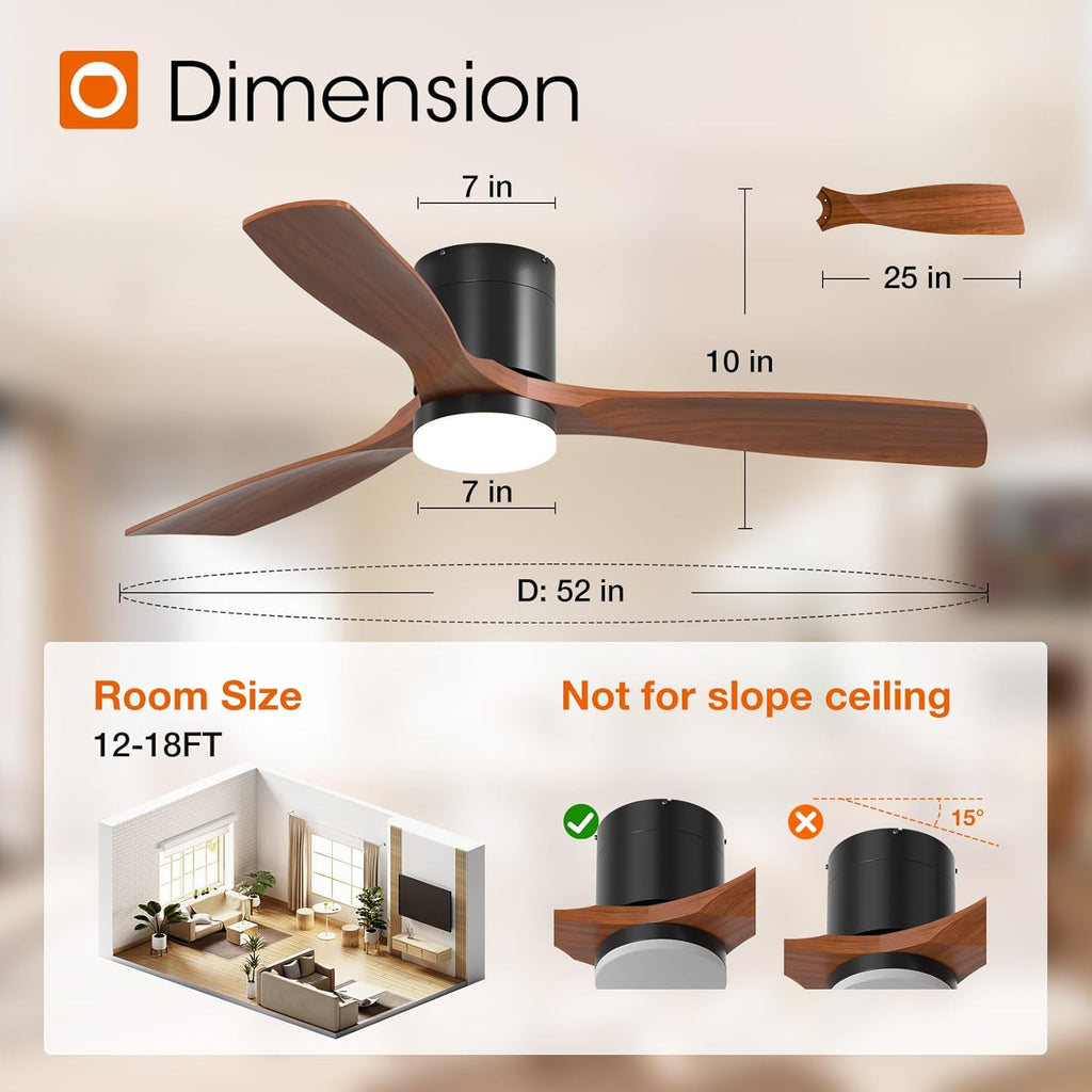 52 inch Ceiling Fans with Lights, Low Profile Ceiling Fan with Light and Remote Control, Flush Mount, Reversible, 3 Wood Blades, 5CCT Dimmable, Black Walnut Ceiling Fan for Indoor/Outdoor Use