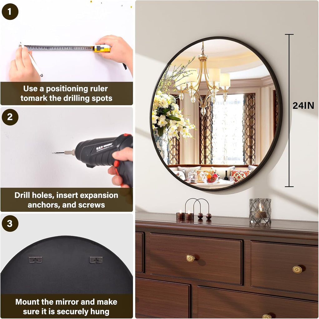 24 Inch Round Mirror - Circle Mirrors Wall Decor, Modern Hanging Vanity Mirror, Matte Black Circle Decorative Wall